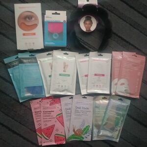 NIB 20 Piece Lot Assorted Skincare Masks Velvet Headband Face Scrubbers Eye Mask